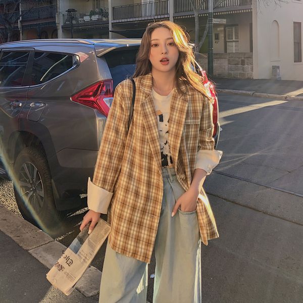 

plaid korean ladies blazer yellow stylish loose casual suit jacket simple long sleeve bleyser mujer women's clothing mm60nxz, White;black