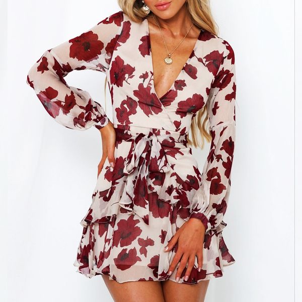 

autumn elegant mini dress women dress with elasticated slim printed ruffled v-neck tie dresses 2019 women vestidos, Black;gray