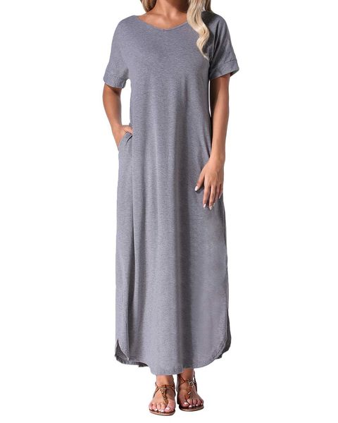

summer maxi long party bodycon dress 2019 women casual loose solid v-neck short sleeve cotton split dress plus size, Black;gray