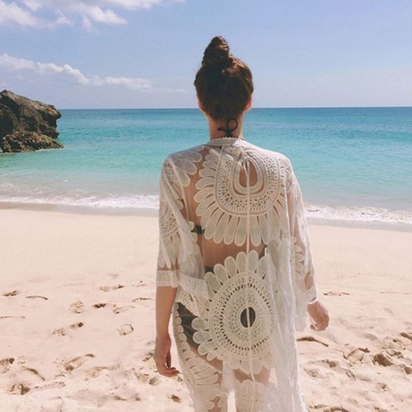 

beach cardigan floral embroidery 2017 bikini swimsuit cardigan robe de plage beach swimwear bathing suit outerwear, White