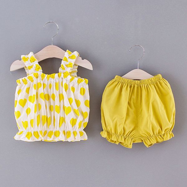 

2020 new baby girl clothes set cotton casual love heart printed sleeveless cool strap vest + shorts 2 pics sets for 0-4y, White