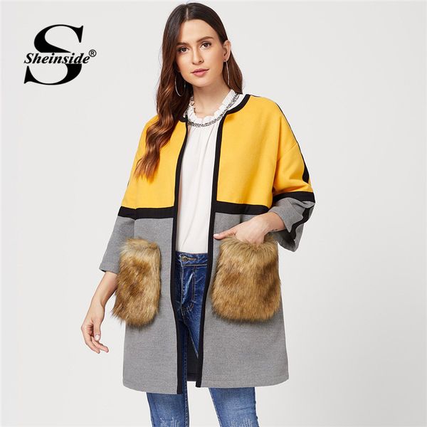 

sheinside colorblock open front faux fur pocket coat women weekend casual long sleeve clothes autumn winter multicolor outerwear, Tan;black