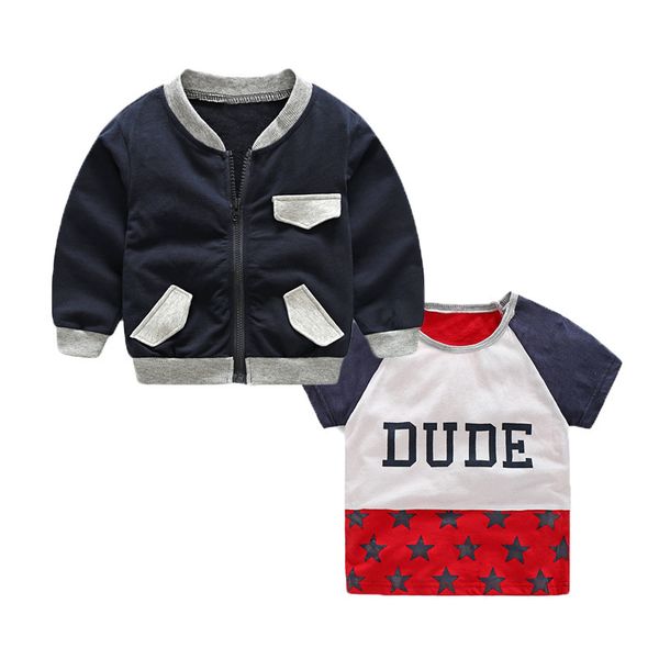 

kids clothing boys' color-matching shirt children's printed short-sleeved t-shirt jacket baseball uniform 2 set, White