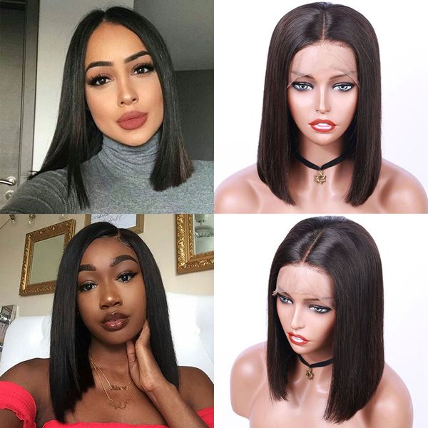 

13 * 4 кружева перед парики человеческих волос бразильские волосы прямые короткие парик боб предварительно сорвал для черных женщин, Black;brown