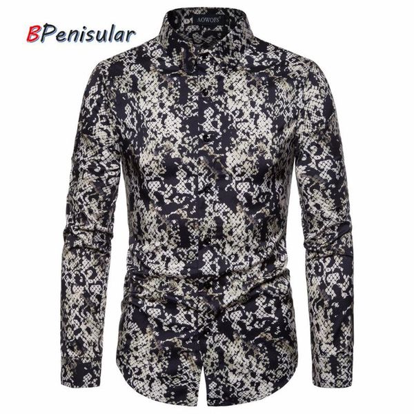 

2020 spring men long sleeve shirts snakeskin pattern print designer cool art button down plaid dress shirt men hawaiian shirt, White;black