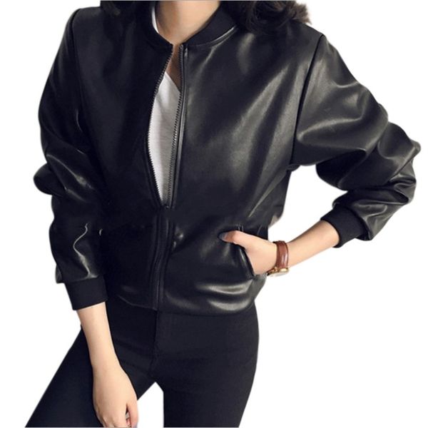 

2018 new women spring autumn pu leather jacket long sleeve zipper turn-down collar coat slim black zipper motorcycle jackets, Black;brown