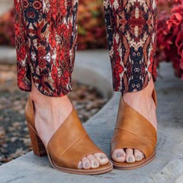 

2019 women's summer sandals open toe solid color coarse heel hollow slippers woman fish mouth casual shoes leather beach sandals, Black