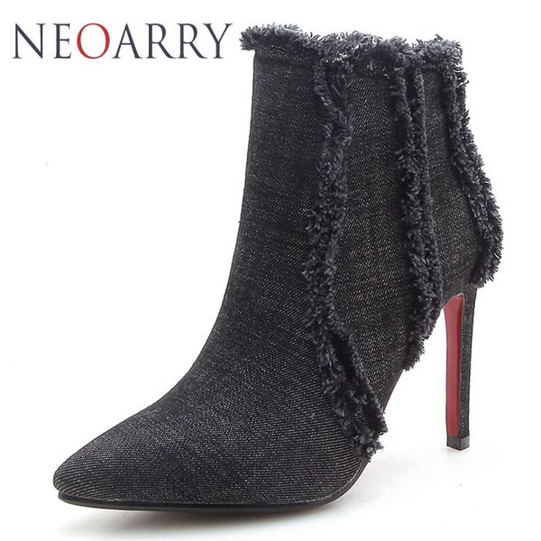 

neoarry 2018 fashion denim ankle boots blue lady's tassel pointed toe stilettos high heels autumn winter fringe shoes women t205, Black