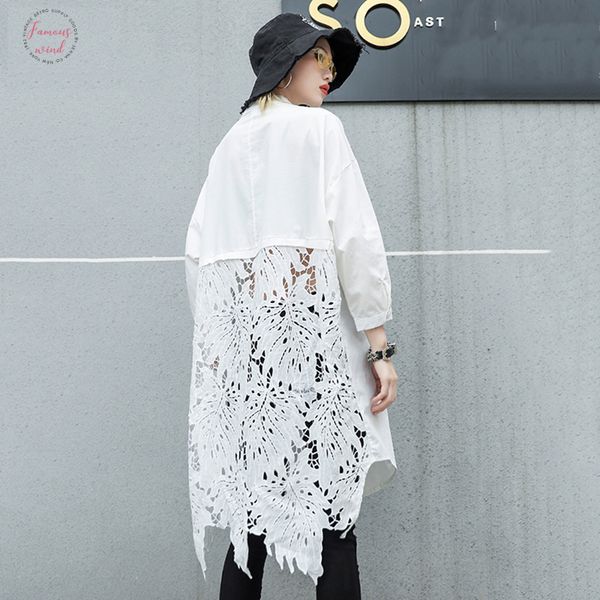 

2019 new spring summer stand collar long sleeve back lace hollow out regular spliced big size shirt women blouse fashion tide jr835, White