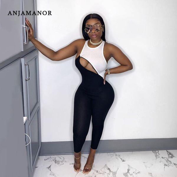 

women's jumpsuits & rompers anjamanor black bodycon jumpsuit zipper cutout sleeveless romper summer 2021 fashion clothes one piece club, Black;white