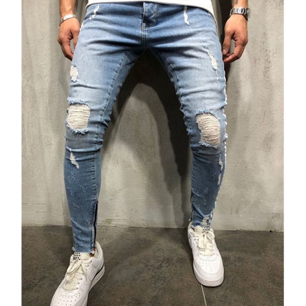 

new cotton streetwear hip-hop personality men jeans side zipper ripped fashion male destroyed skinny denim pants, Blue