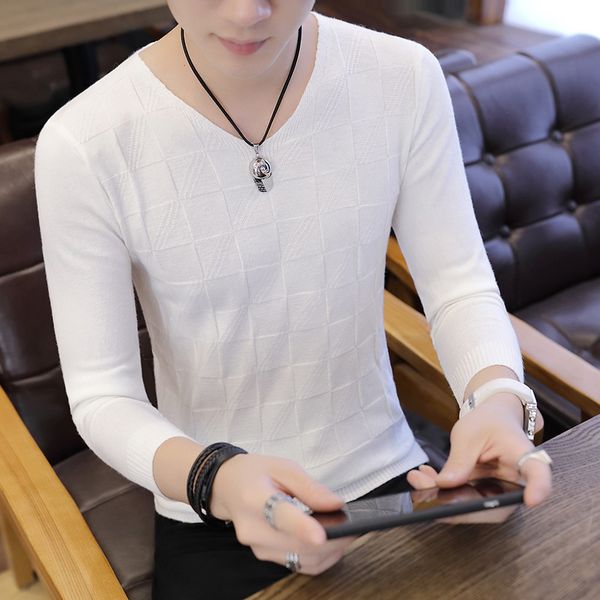 

winter white casual mens sweater thin pink and black mens sweaters long-sleeved grey trim v-neck men sweater, White;black