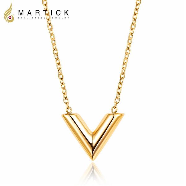 

martick 316l stainless steel gold-color v letter shap pendant necklace link chain necklace fashion jewelry for girl, Silver