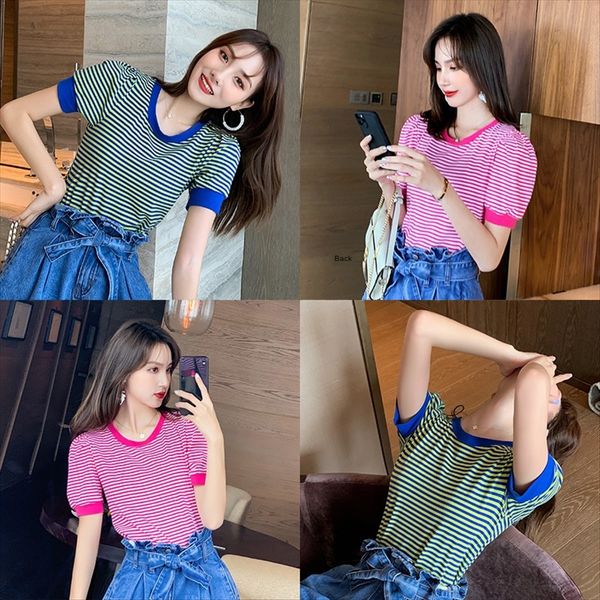 

2020 shirt clothing clothing summer clothes ins women's fashionable and elegant style student clothes round collar striped bubble sleev, White