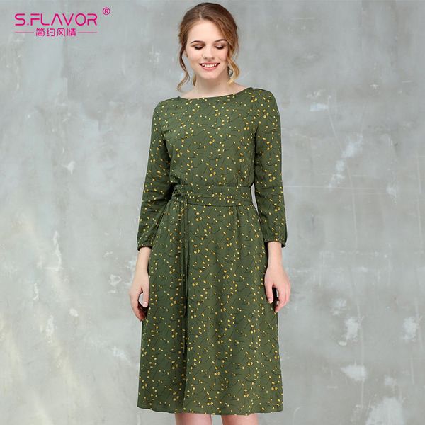 

s.flavor весенняя мода женщины-линии платье o-образным вырезом три четверти рукава длиной до колен платье женский elegant печать midi vestid, Black;pink