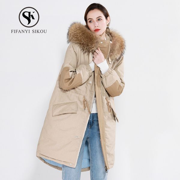 

winter long down jacket women fashion natural raccoon fur collar hooded down coat warm parkas women duck coats, Black