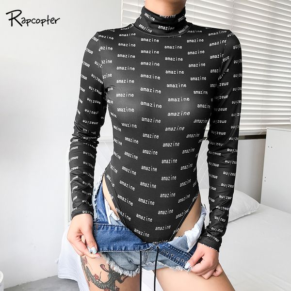 

rapcopter black letter printed casual women bodysuits turtneck long sleeve autumn ladies bodycon jumpsuit fashion crop rompers, Black;white