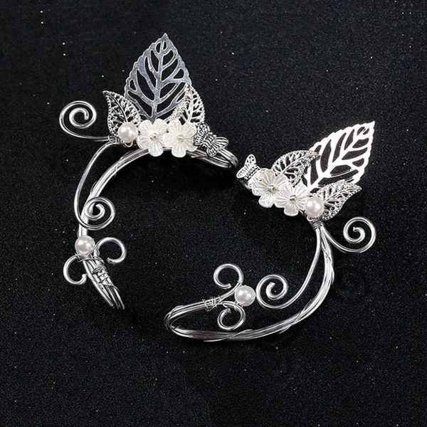 

chic elf pearl hollowed flower leaf cosplay fairy ear wrap cuffs earrings for women girls wedding jewelry halloween jewelry, Silver