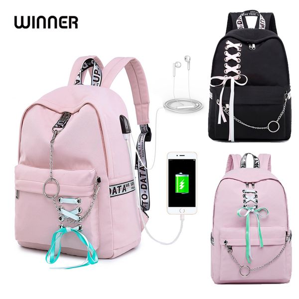 

2019 usb charging women backpack anti theft pink laptravel school bags for teenage girls cute black anello bow ribbon plecak