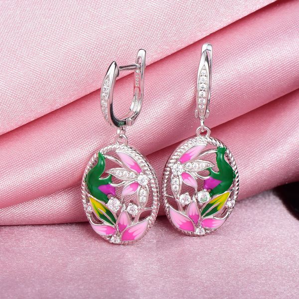 

rainmarch bohemian enamel flower silver earrings for women engagement 925 sterling silver earring handmade enamel party jewelry j190629, Golden;silver