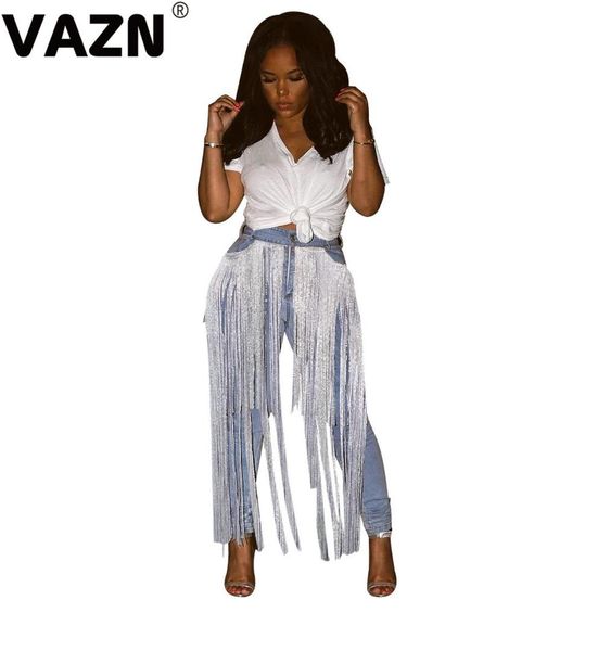 

vazn tassedesign 2020 spring lady blue full jeans mid waist button solid holloow out jeans young girl special new