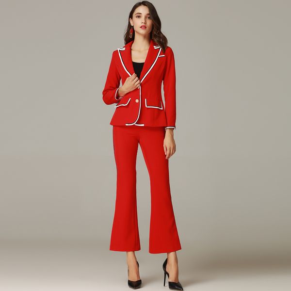 

Qian Han Zi high quality fashion runway suit set Women's Long Sleeve Button Suit Coat+Flare Pants Vintage Red Party 2 Piece Set
