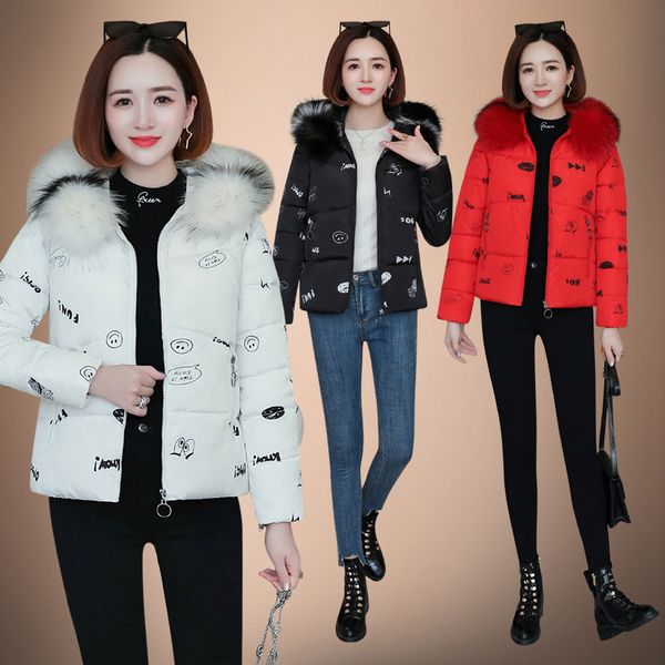 

china gedi love cotton coat women's short winter 2019 new style korean-style printed slimming cotton-padded clothes women's loos, Blue;black