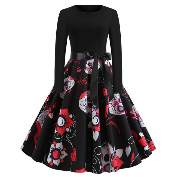 

new style halloween printed joint long sleeve big hemline dress send ribbon 393, Black;gray