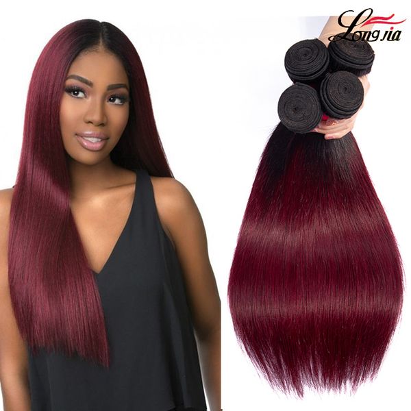 

два тона 1b / бургундия прямые волосы ломбер прямые человеческие волосы пучки малайзии прямые волосы расширение, Black