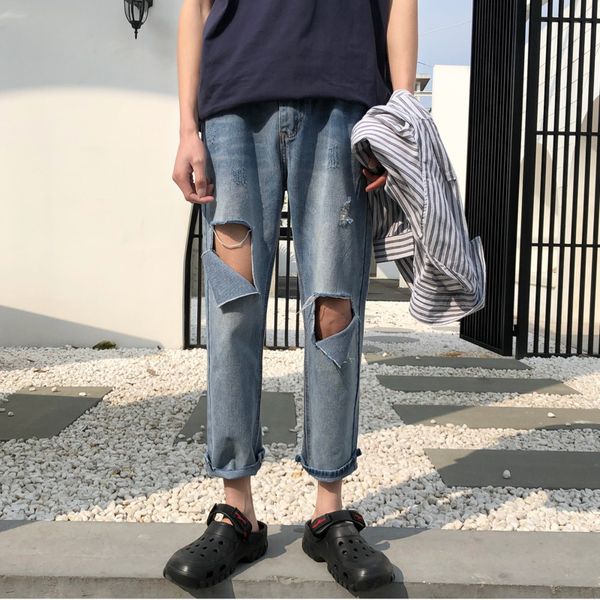 

2019 the new listing spring and summer korean casual fashion couple men's cotton loose oversized hole jeans hip hop streetwear, Blue