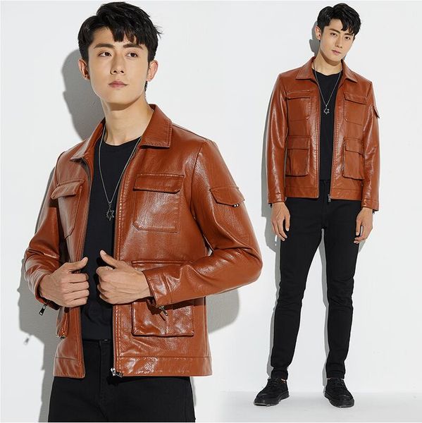 

new 2019 autumn winter leather jacket men leisure jacket british japanese version motorcycle coat fashion handsome guy locomotive jacket, Black