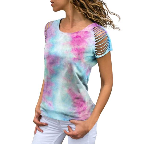 

2020 plus size summer fashion women casual gradient print round neck short sleeve ripped hole tee shirt hip hop t-shirt female, White