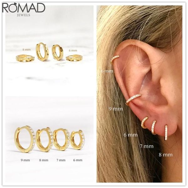 

hoop & huggie romad 6/7/8/9mm s925 sterling silver round circel earrings personalized micro-set zircon earring jewelry for women girls gifts, Golden;silver