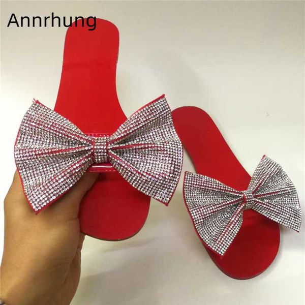 

crystal butterfly-knot flat outwear mules open toe one-strap rhinestone slides sandy beach shoes summer slippers women, Black