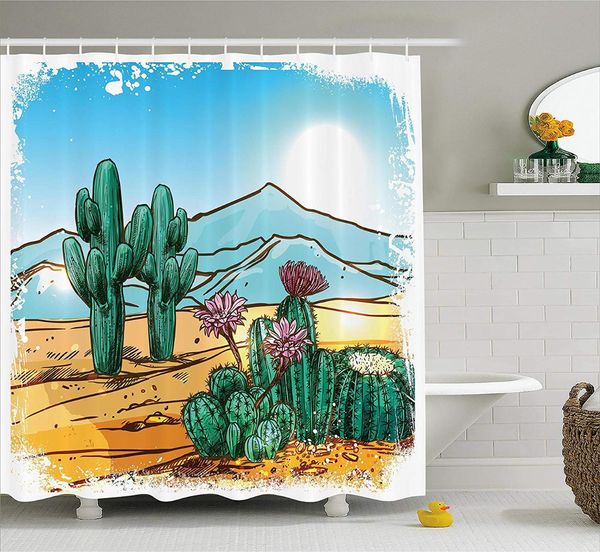 

cactus decor shower curtain cartoon design cactus flowers mountains desert sand sun art fabric bathroom decor set
