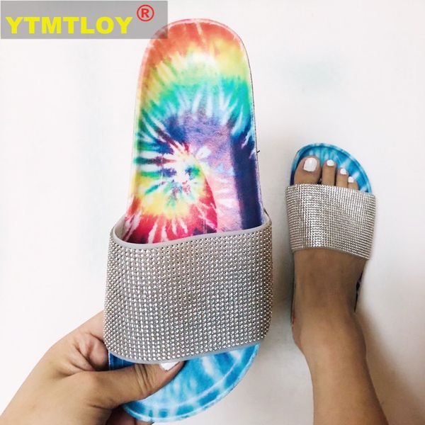 

summer women slippers rhinestone multi mix color flat heels peep toe slides fashion beach ladies shoes zapatos de mujer #9, Black