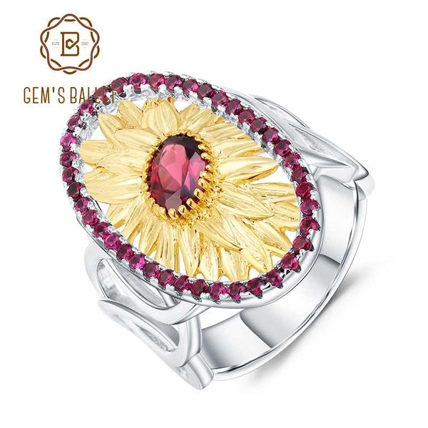 

gem's ballet 1.00ct natural rhodolite garnet sunflower rings real 925 sterling silver oval handmade ring for women fine jewelry, Golden;silver