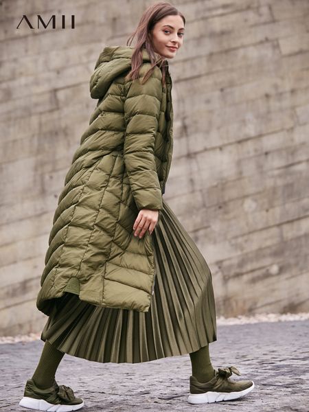 

amii minimalist women loose long down jacket winter 2018 streetwear light zipper pockets hooded puffer jacket, Black