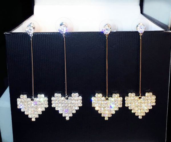 

super glittering fashion luxury designer long drop cute lovely diamond heart pendant stud dangle chandelier earrings for woman girls, Golden;silver
