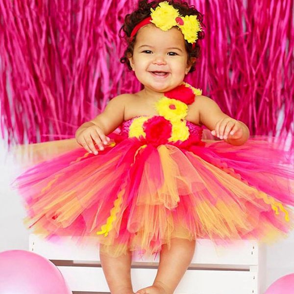 

cute princess baby girl birthday tutu dress pink and yellow infant toddler 1st birthday party dresses kids clothes set, Red;yellow