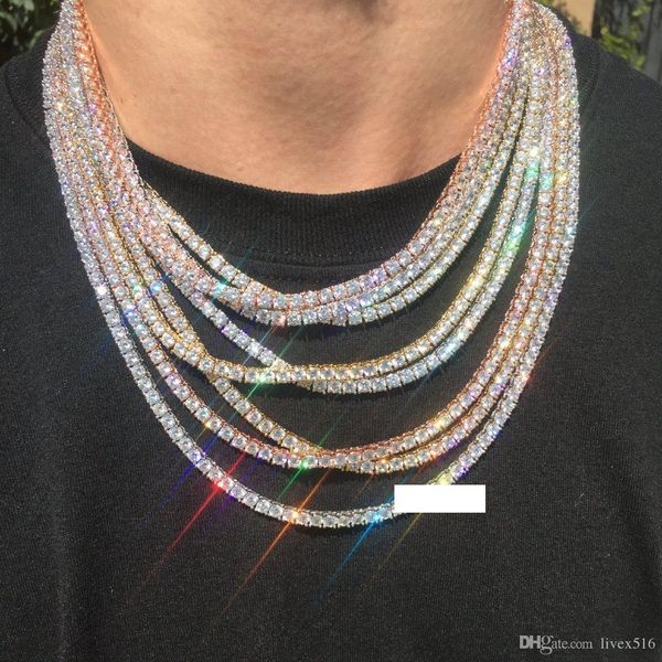 

hip hop iced out zircon 1 row tennis chain necklace gold silver copper material men cz necklace link 18 20 24 30inch