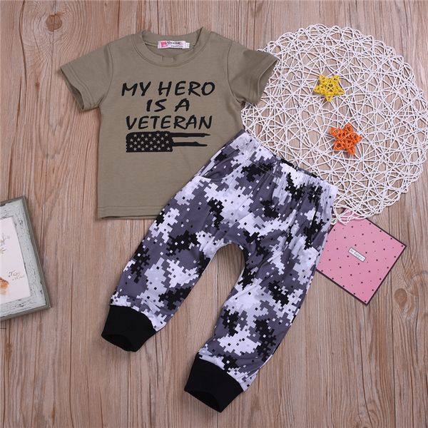 

summer boy kids clothes set alphabetic short sleeve t-shirt +camouflage trousers 2 pieces sets kids designer clothes boys jy560, White