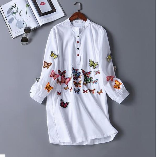 

3xl new european fashion cotton three-dimensional butterfly shirt women black long-sleeved plus size vestidos mori girl 20, White
