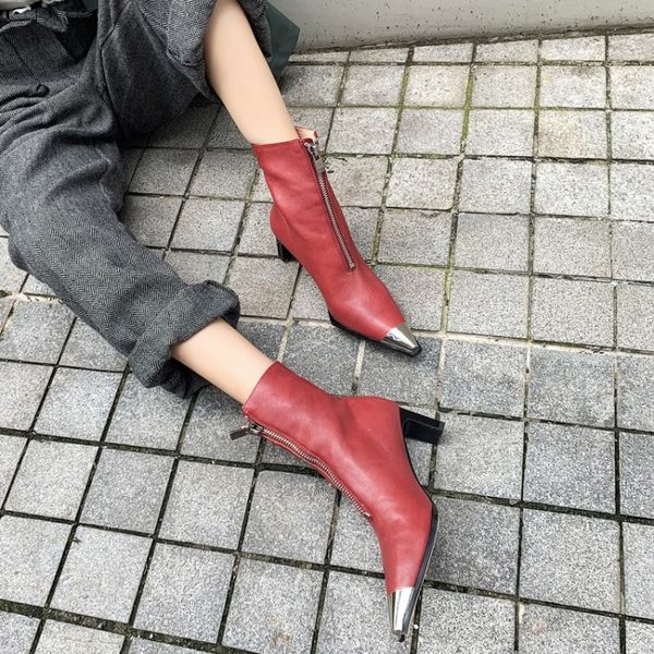 

mljuese 2020 women ankle boots cow leather winter short plush high heels boots metal decoration pointed toe women size 40, Black