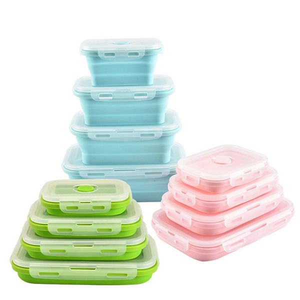 

foldable silicone lunch boxes 4pcs/set food storage containers household food fruits holder camping road trip portable houseware
