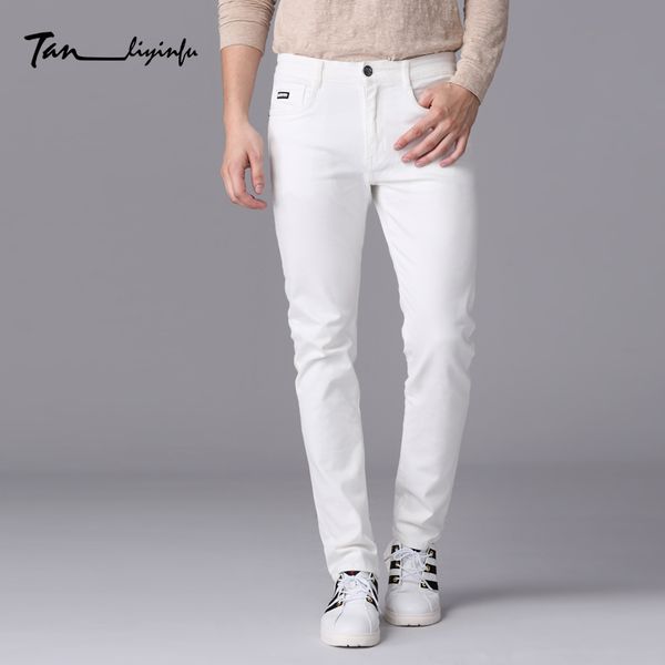 

tanliyinfu fine denim men's brand 2017 spring new men's slim white jeans letter stitching decoration, Blue