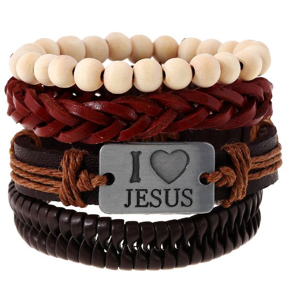 

new handmade 4pcs/set woven punk vintage braided anchor jesus believe charm leather women bracelets men femme homme wholesale jewelry, Golden;silver