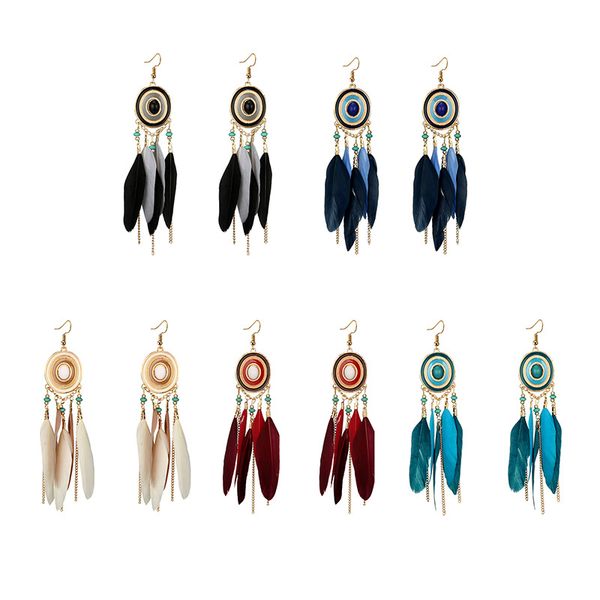 

charm bohemian fashion ethnic multicolor black feathers earrngswomen's long tassel fringe dangle hook earrings, Golden