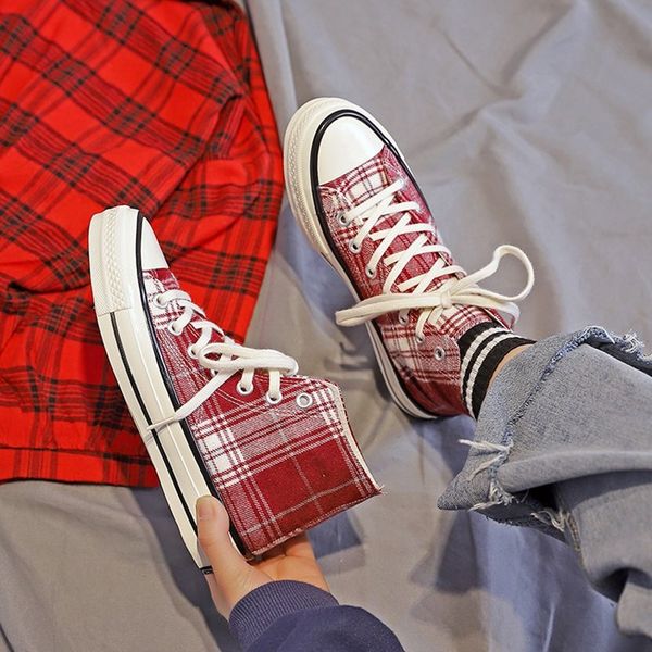 

spring plaid women canvas shoes female 2019 round toe women casual shoes student lace up lace up casual sneakers, Black