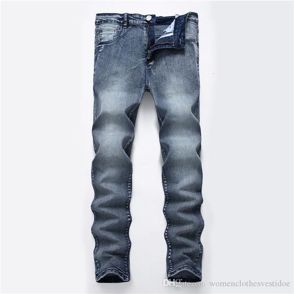 

мужская мода тонкий джинсы дизайнер solid color омывается длинные брюки конструктора mens bleached zipper straight jeans, Blue